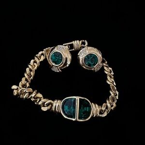 SAL Gold Tone 8” Bracelet & Earrings Set w/Deep Green Stones